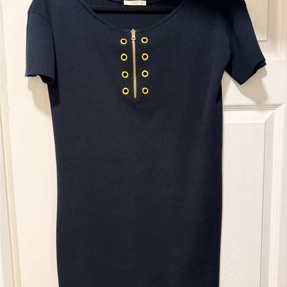 Prada Navy knit Mini Dress with Gold Details